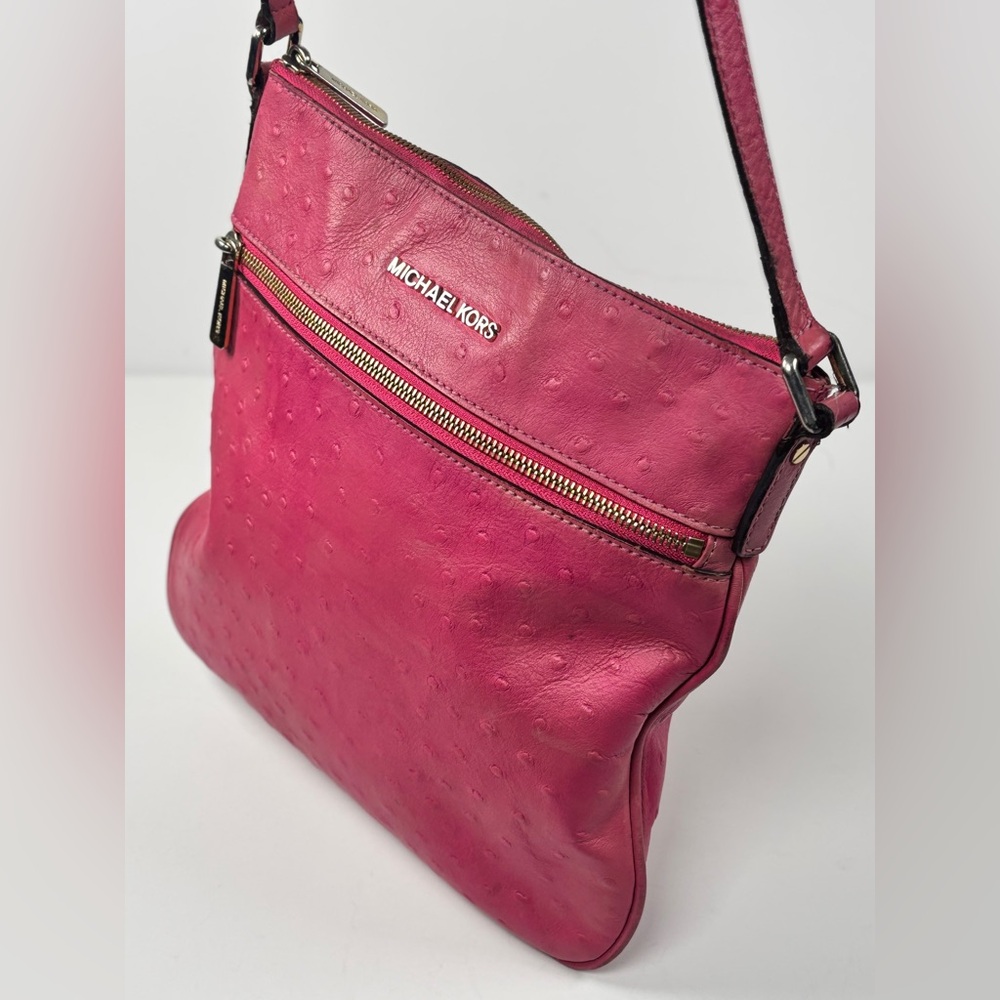 Michael Kors Hot Pink ostrich Crossbody Leather Bag with Gold Hardware